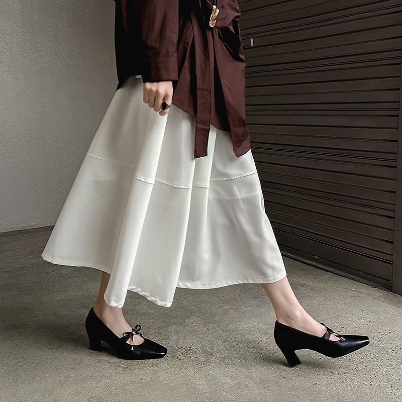 65mm Chunky Heel Square Toe Bow Leather Mary Jane Heels for Women in Apricot/Black