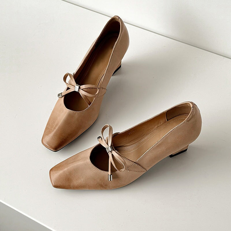 65mm Chunky Heel Square Toe Bow Leather Mary Jane Heels for Women in Apricot/Black