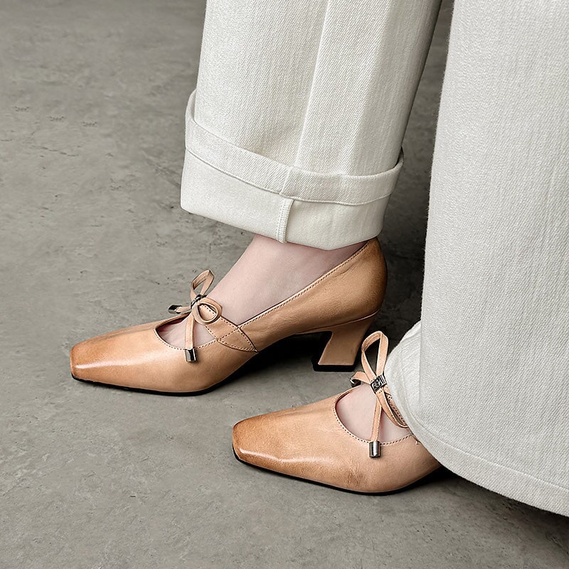 65mm Chunky Heel Square Toe Bow Leather Mary Jane Heels for Women in Apricot/Black