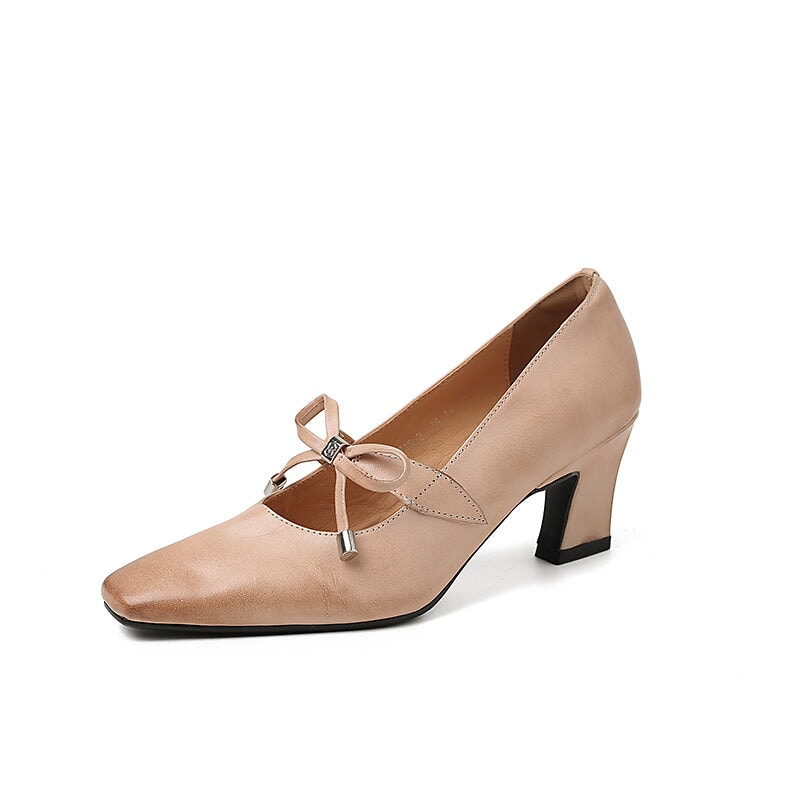 65mm Chunky Heel Square Toe Bow Leather Mary Jane Heels for Women in Apricot/Black