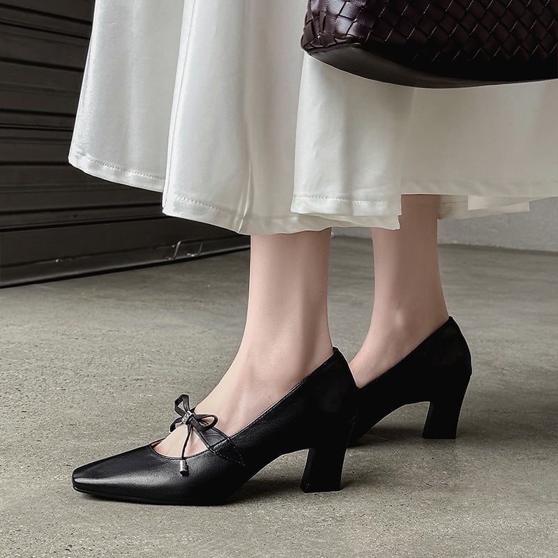 65mm Chunky Heel Square Toe Bow Leather Mary Jane Heels for Women in Apricot/Black