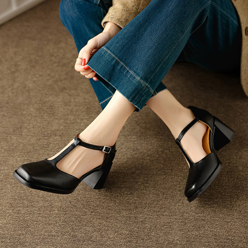 65mm Chunky Leather Square Toe T-Strap Mary Jane Heels for Women in Black/Brown/Red