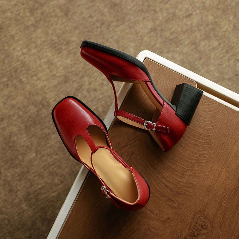 65mm Chunky Leather Square Toe T-Strap Mary Jane Heels for Women in Black/Brown/Red