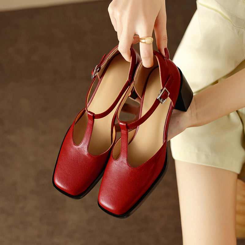 65mm Chunky Leather Square Toe T-Strap Mary Jane Heels for Women in Black/Brown/Red