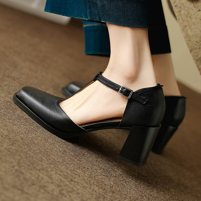 65mm Chunky Leather Square Toe T-Strap Mary Jane Heels for Women in Black/Brown/Red
