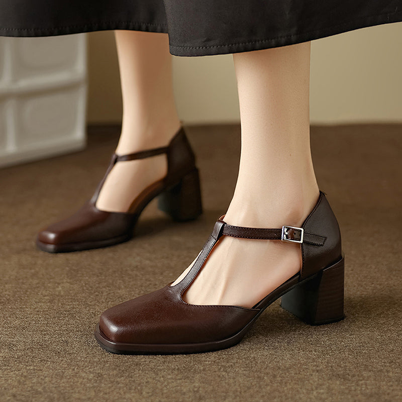65mm Chunky Leather Square Toe T-Strap Mary Jane Heels for Women in Black/Brown/Red