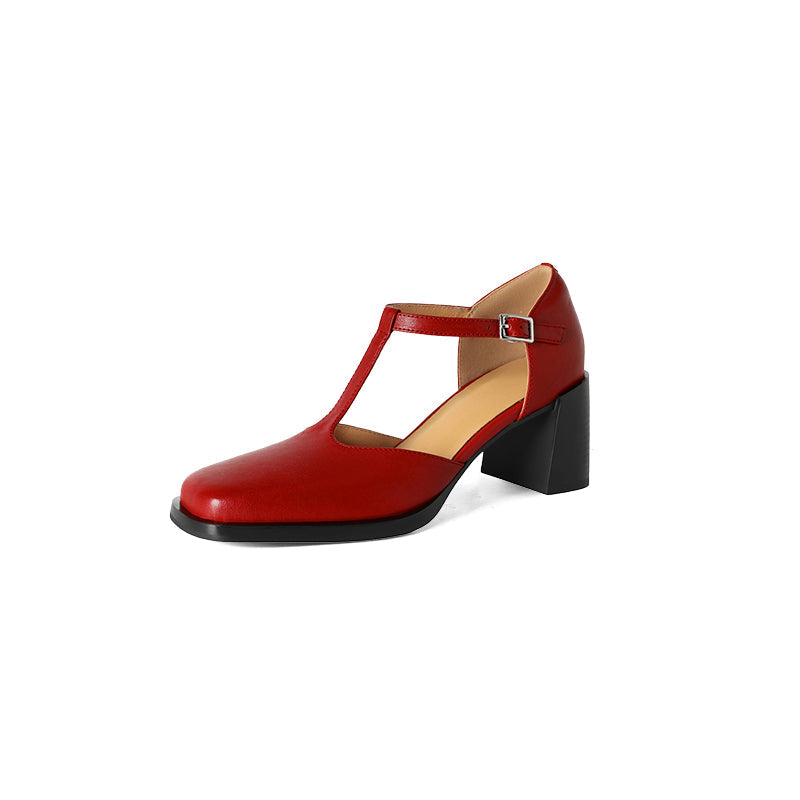 65mm Chunky Leather Square Toe T-Strap Mary Jane Heels for Women in Black/Brown/Red