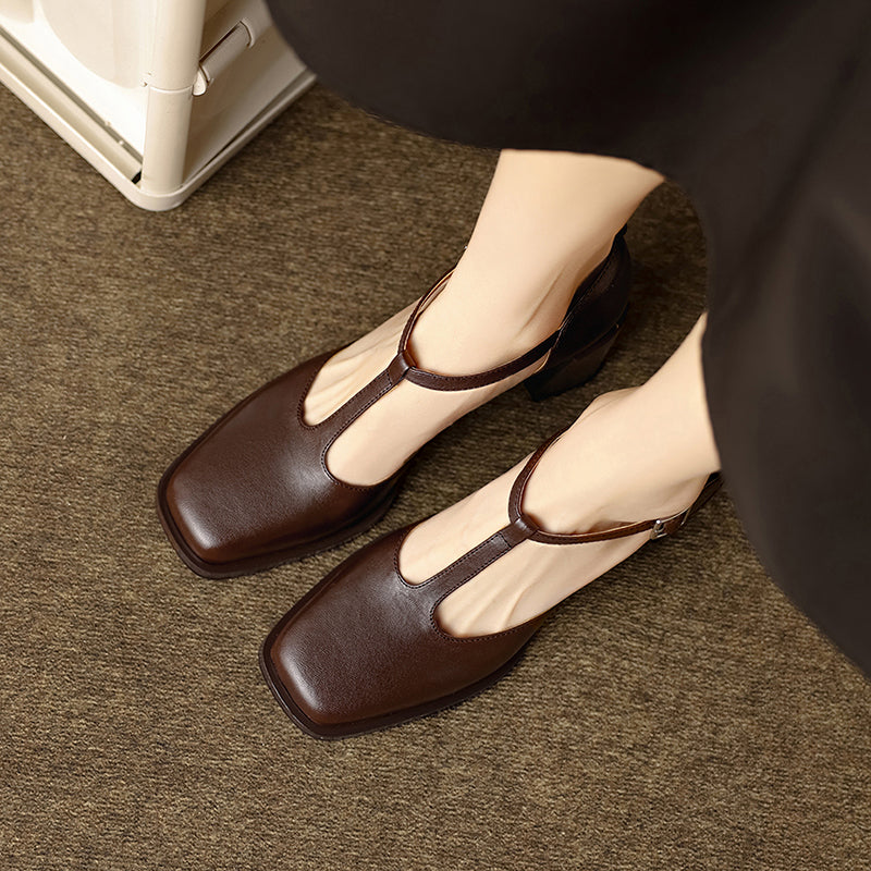 65mm Chunky Leather Square Toe T-Strap Mary Jane Heels for Women in Black/Brown/Red