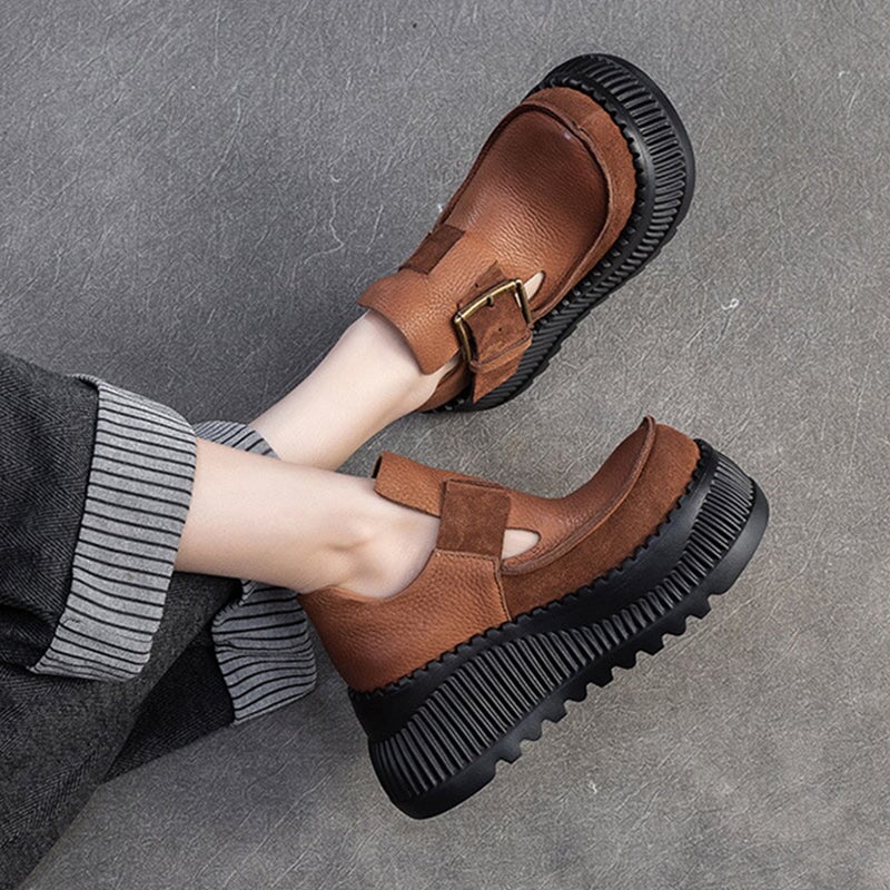 75mm Platform T-Straps Sandals Cowhide Mary Jane Shoes in Black/Light Brown