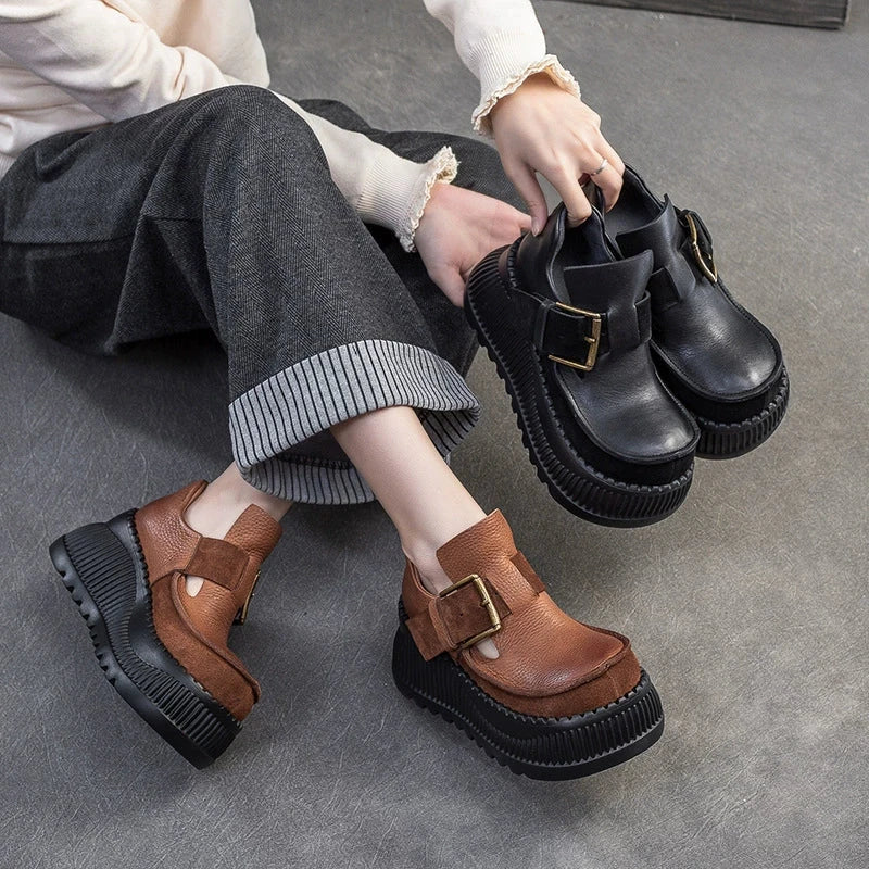 75mm Platform T-Straps Sandals Cowhide Mary Jane Shoes in Black/Light Brown
