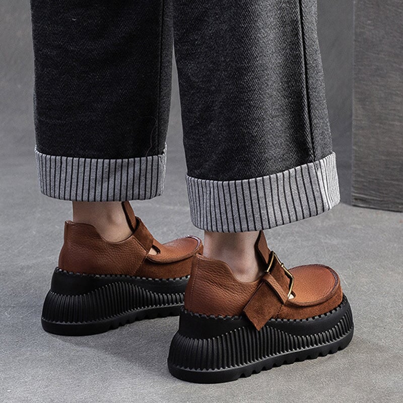 75mm Platform T-Straps Sandals Cowhide Mary Jane Shoes in Black/Light Brown