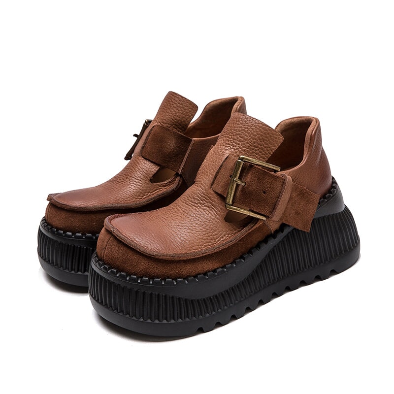 75mm Platform T-Straps Sandals Cowhide Mary Jane Shoes in Black/Light Brown