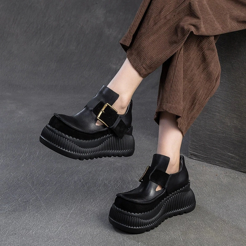 75mm Platform T-Straps Sandals Cowhide Mary Jane Shoes in Black/Light Brown