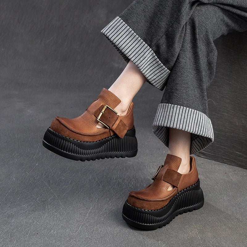 75mm Platform T-Straps Sandals Cowhide Mary Jane Shoes in Black/Light Brown