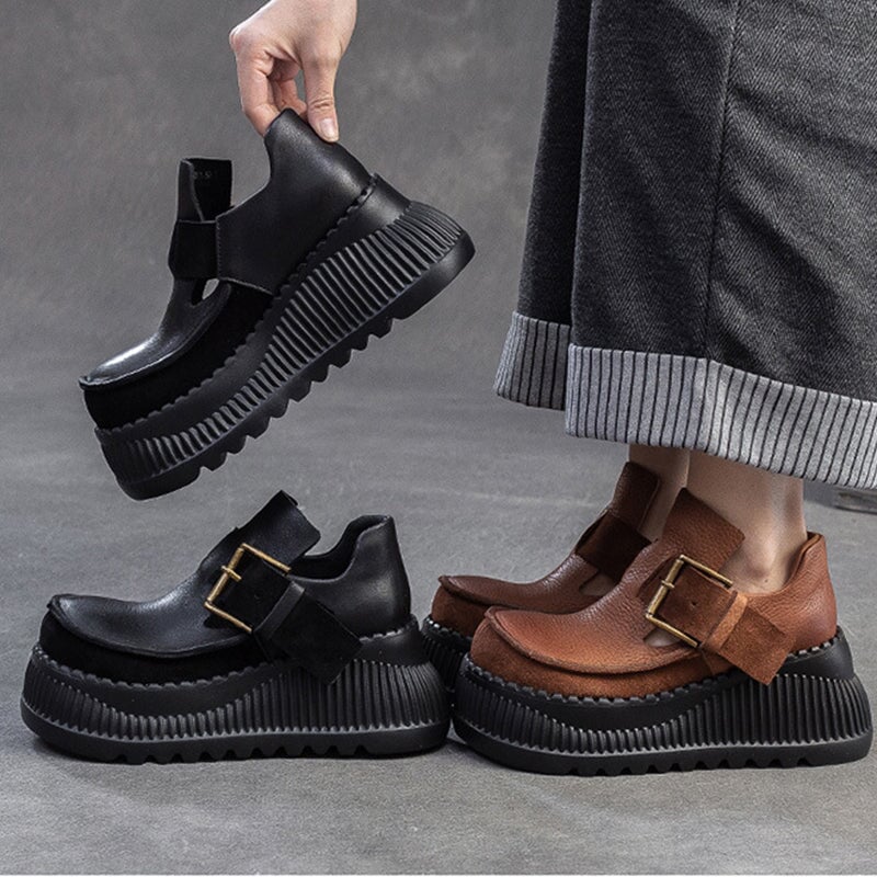 75mm Platform T-Straps Sandals Cowhide Mary Jane Shoes in Black/Light Brown