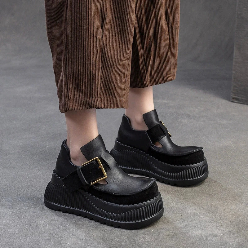 75mm Platform T-Straps Sandals Cowhide Mary Jane Shoes in Black/Light Brown