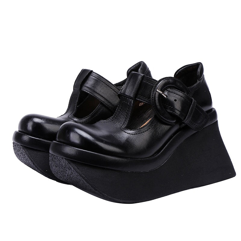 80mm Heel Chunky Platform T-Straps Cowhide Wedges Mary Jane in Khaki/Black