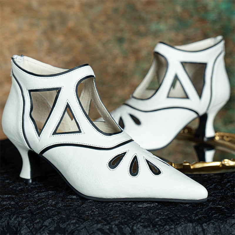 Art Deco Cutout Mary Jane Shoes Handmade Pointed Toe Kitten Heel Flapper Shoes in White