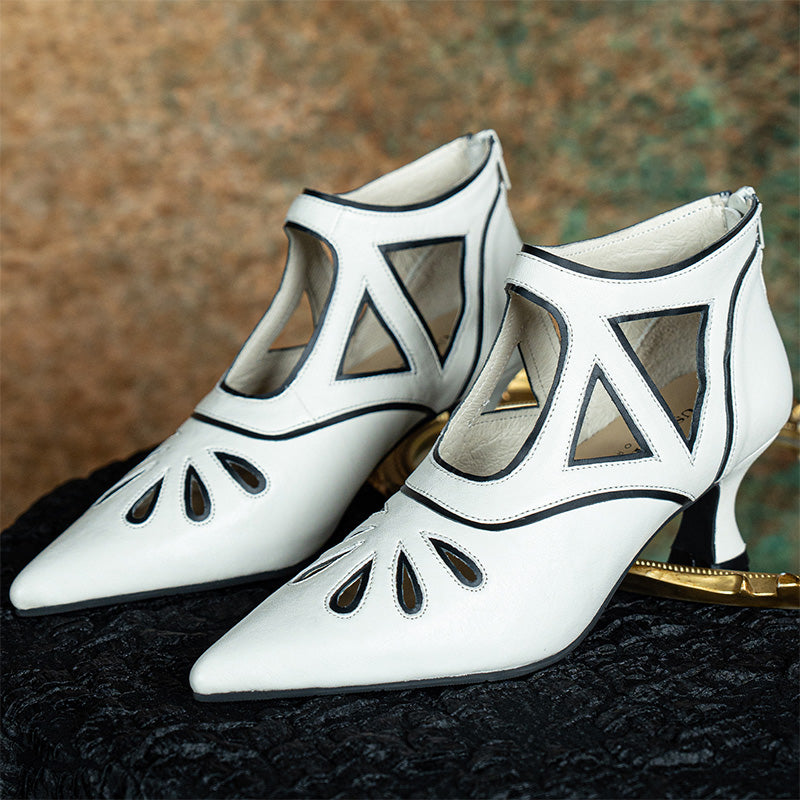 Art Deco Cutout Mary Jane Shoes Handmade Pointed Toe Kitten Heel Flapper Shoes in White