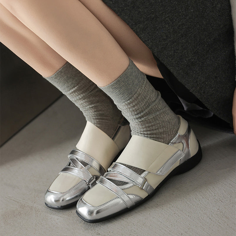 Ballet Sneakers Mary Jane for Women Criss Cross Velcro Leather Designer Flats in Black/Gold/Silver