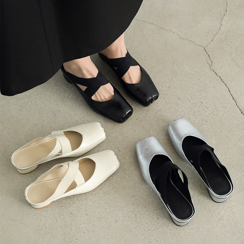 Balletcore Square Toe Mules Criss Cross Sheepskin Leather Block Heel Slides in Silver/Beige/Black