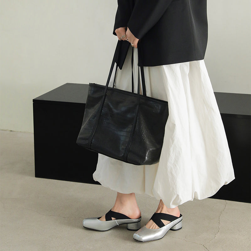 Balletcore Square Toe Mules Criss Cross Sheepskin Leather Block Heel Slides in Silver/Beige/Black