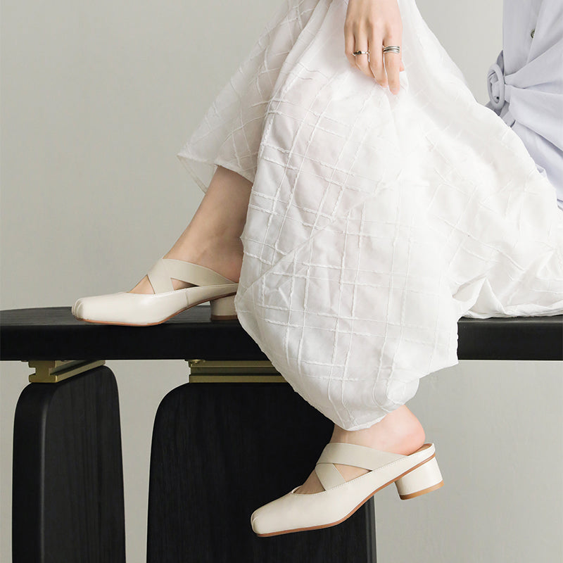 Balletcore Square Toe Mules Criss Cross Sheepskin Leather Block Heel Slides in Silver/Beige/Black