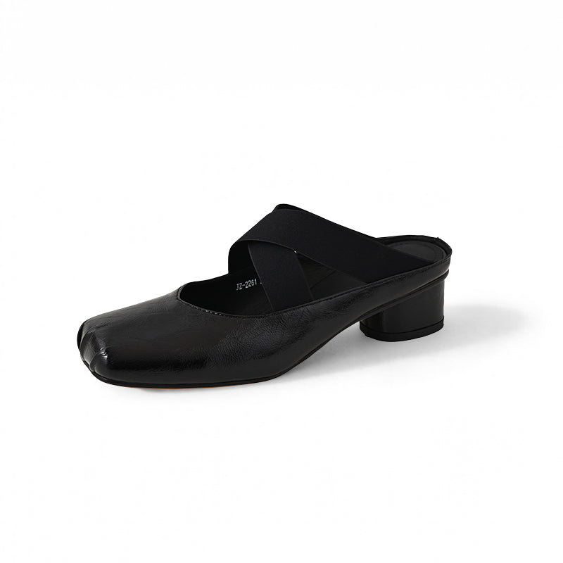 Balletcore Square Toe Mules Criss Cross Sheepskin Leather Block Heel Slides in Silver/Beige/Black