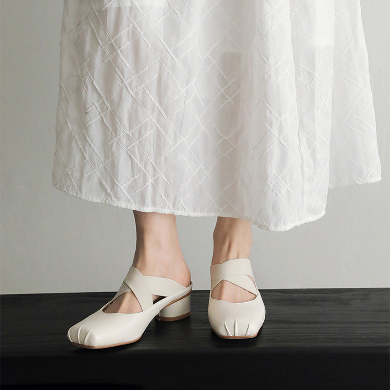 Balletcore Square Toe Mules Criss Cross Sheepskin Leather Block Heel Slides in Silver/Beige/Black