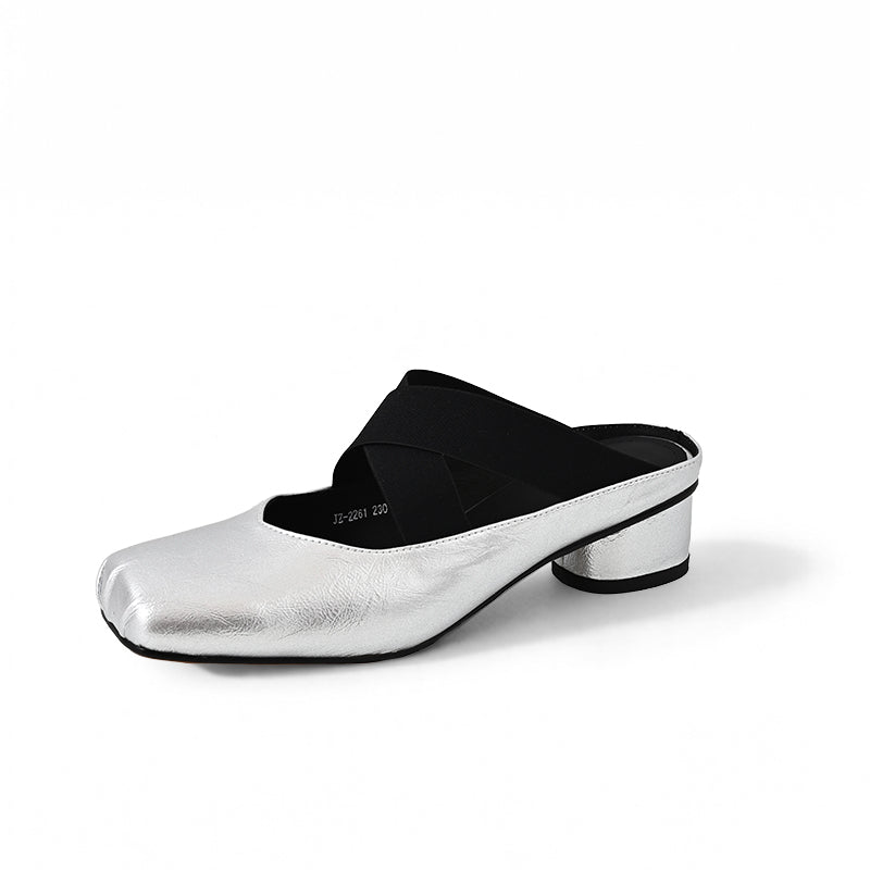 Balletcore Square Toe Mules Criss Cross Sheepskin Leather Block Heel Slides in Silver/Beige/Black