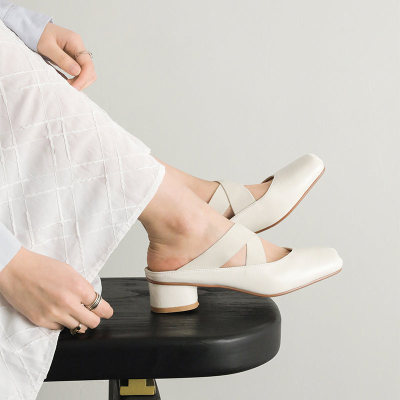 Balletcore Square Toe Mules Criss Cross Sheepskin Leather Block Heel Slides in Silver/Beige/Black