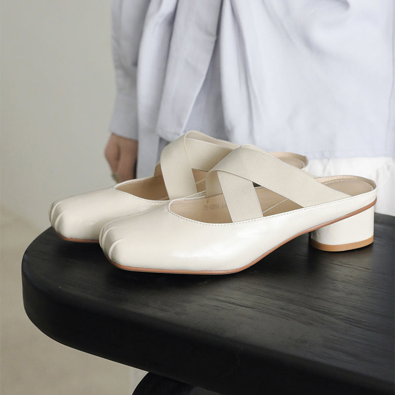 Balletcore Square Toe Mules Criss Cross Sheepskin Leather Block Heel Slides in Silver/Beige/Black