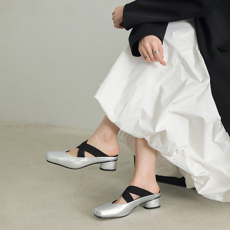 Balletcore Square Toe Mules Criss Cross Sheepskin Leather Block Heel Slides in Silver/Beige/Black