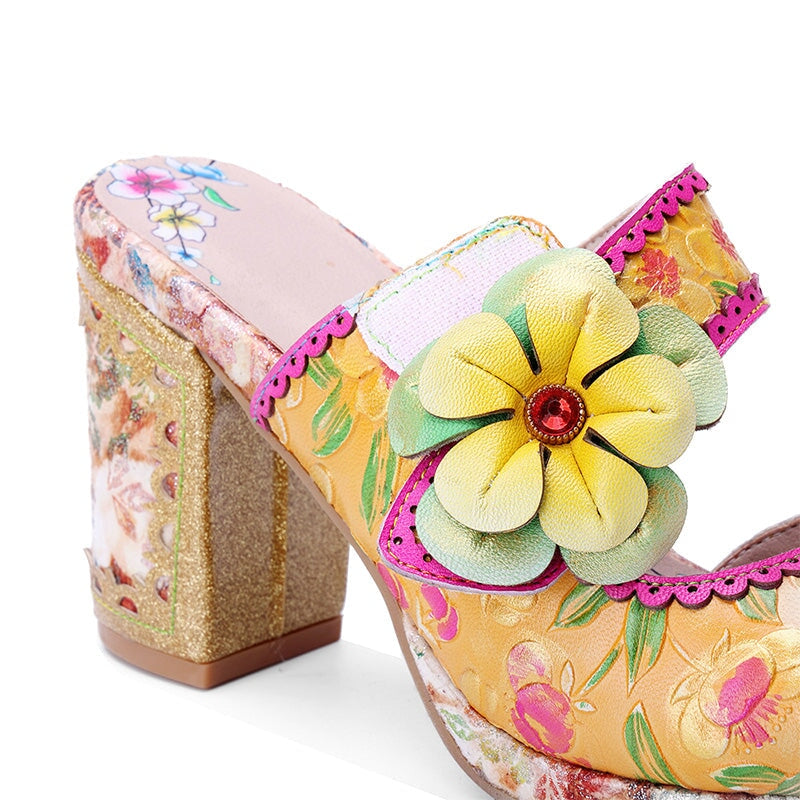 Bohemian Floral Block Heel Mule Sandals for Women Open Toe Chunky Summer Heels in Yellow