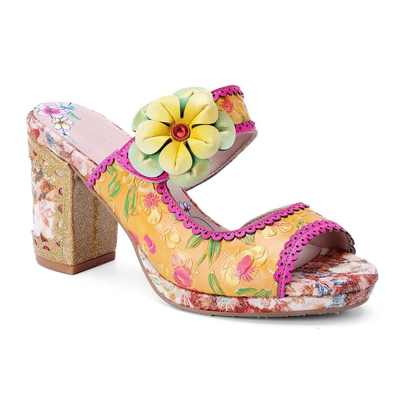 Bohemian Floral Block Heel Mule Sandals for Women Open Toe Chunky Summer Heels in Yellow
