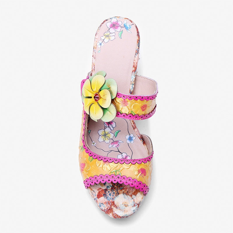 Bohemian Floral Block Heel Mule Sandals for Women Open Toe Chunky Summer Heels in Yellow