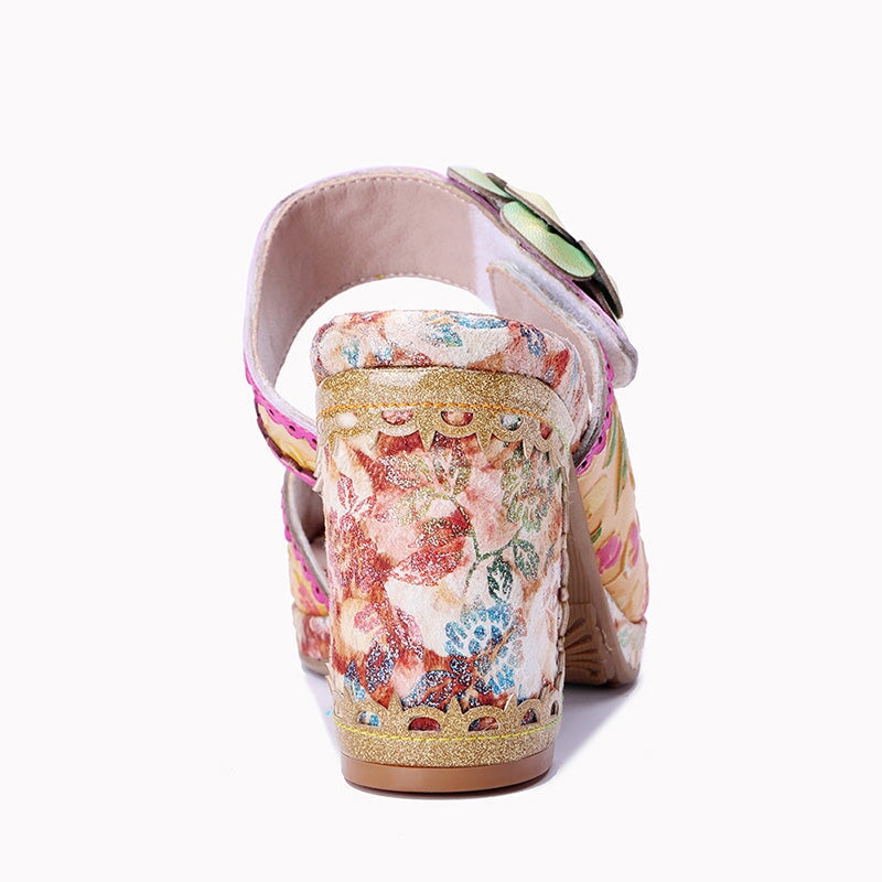 Bohemian Floral Block Heel Mule Sandals for Women Open Toe Chunky Summer Heels in Yellow