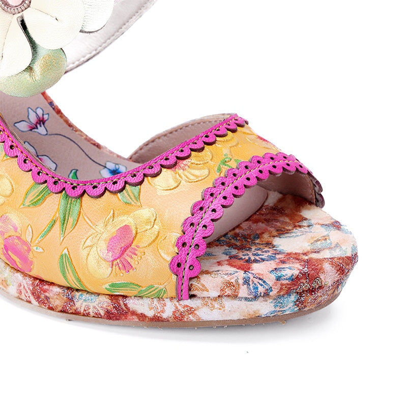 Bohemian Floral Block Heel Mule Sandals for Women Open Toe Chunky Summer Heels in Yellow