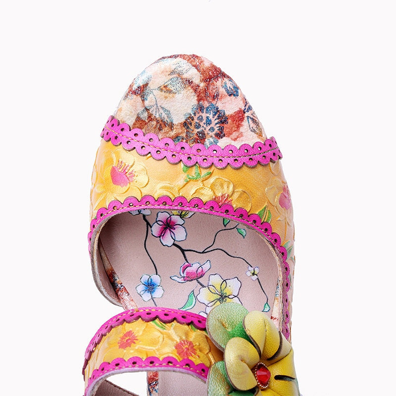 Bohemian Floral Block Heel Mule Sandals for Women Open Toe Chunky Summer Heels in Yellow