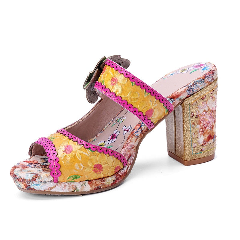 Bohemian Floral Block Heel Mule Sandals for Women Open Toe Chunky Summer Heels in Yellow