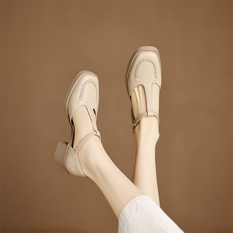 Braided Sheepskin Closed Toe T-Strap Mary Jane Sandals for Women in Apricot/Black