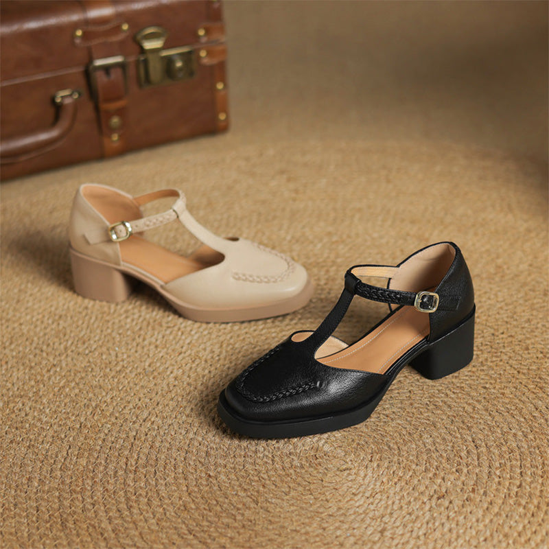 Braided Sheepskin Closed Toe T-Strap Mary Jane Sandals for Women in Apricot/Black