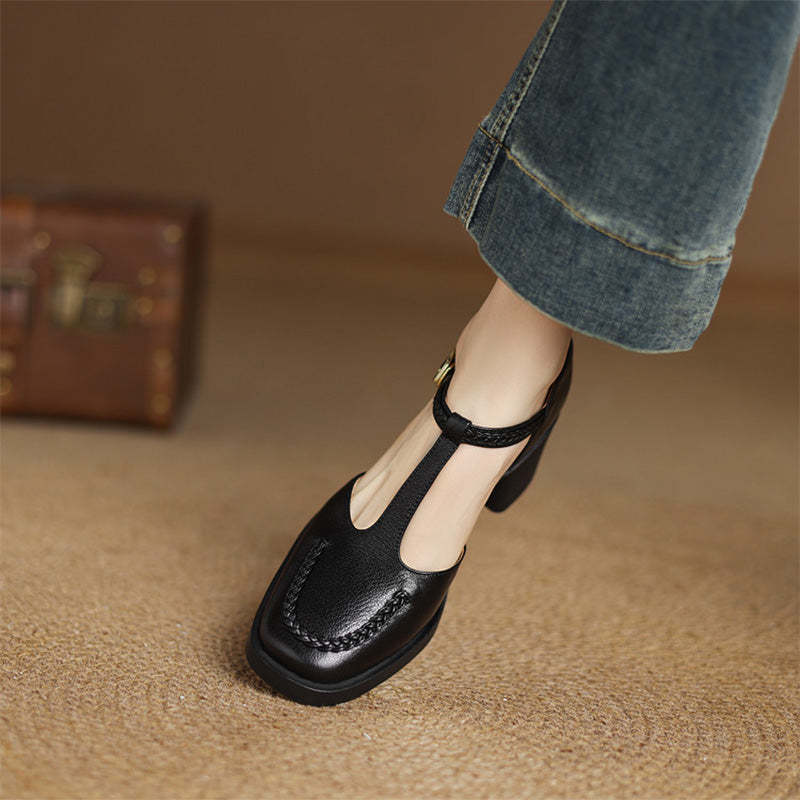 Braided Sheepskin Closed Toe T-Strap Mary Jane Sandals for Women in Apricot/Black