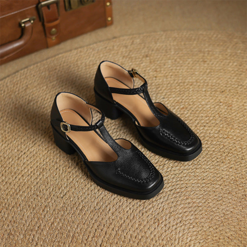 Braided Sheepskin Closed Toe T-Strap Mary Jane Sandals for Women in Apricot/Black