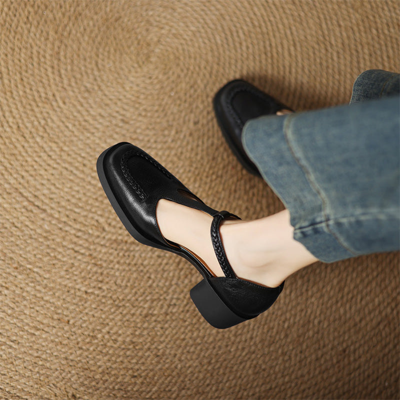 Braided Sheepskin Closed Toe T-Strap Mary Jane Sandals for Women in Apricot/Black