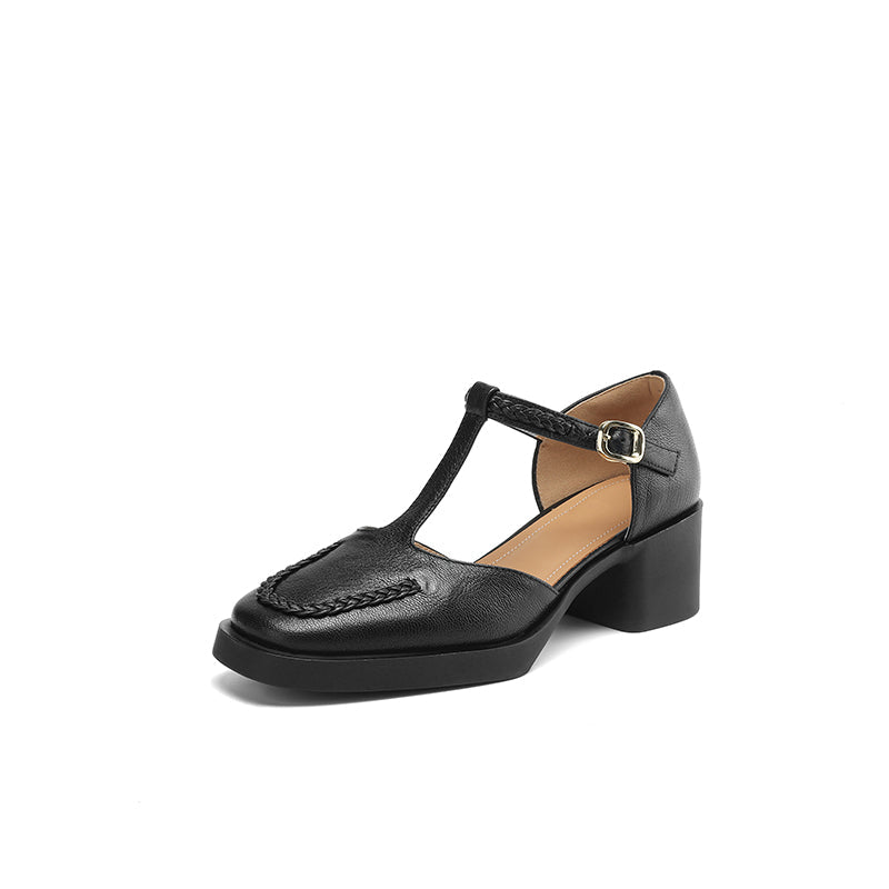 Braided Sheepskin Closed Toe T-Strap Mary Jane Sandals for Women in Apricot/Black