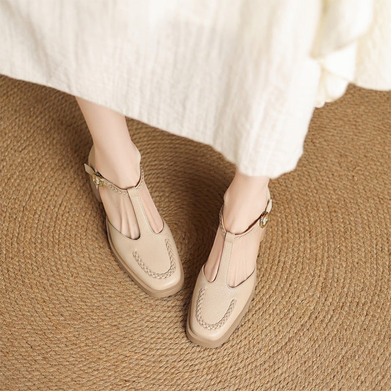 Braided Sheepskin Closed Toe T-Strap Mary Jane Sandals for Women in Apricot/Black