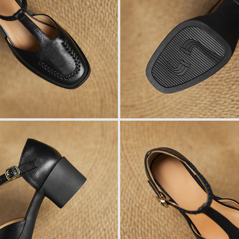 Braided Sheepskin Closed Toe T-Strap Mary Jane Sandals for Women in Apricot/Black