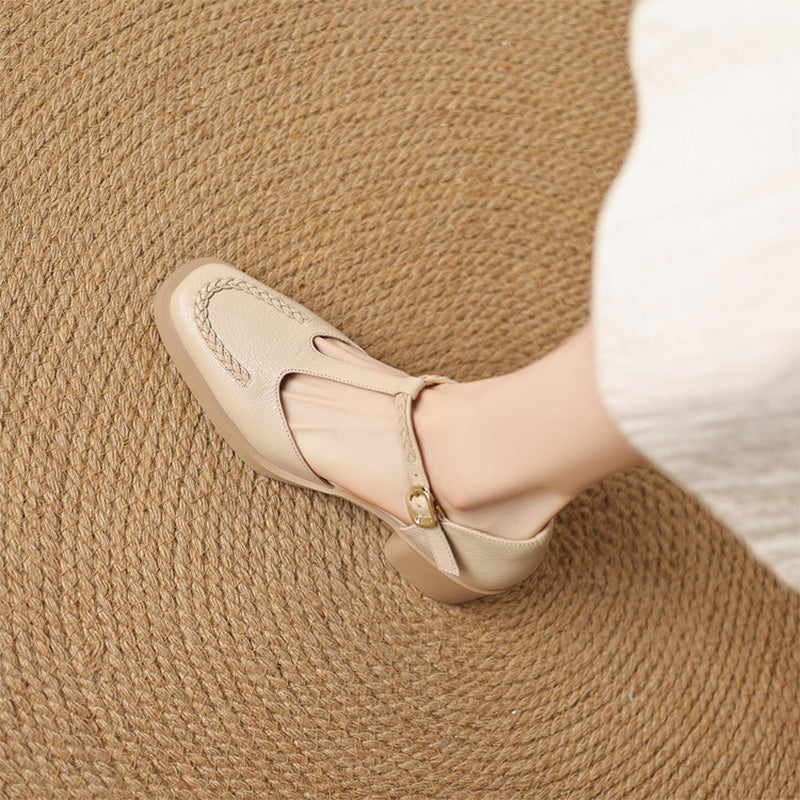 Braided Sheepskin Closed Toe T-Strap Mary Jane Sandals for Women in Apricot/Black