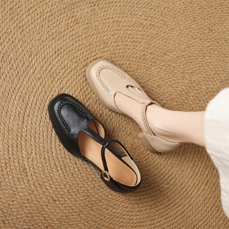 Braided Sheepskin Closed Toe T-Strap Mary Jane Sandals for Women in Apricot/Black